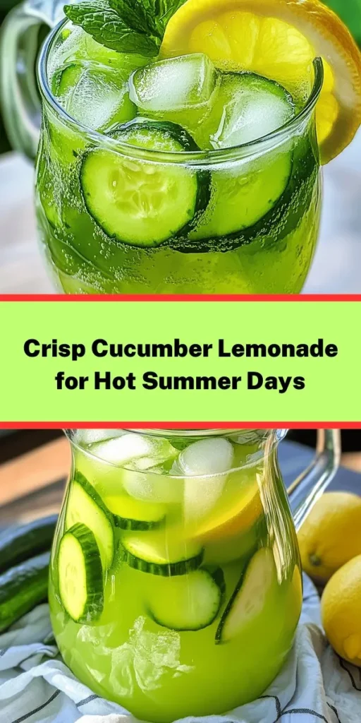 Quench your thirst this summer with this refreshing Cucumber Lemonade! Made with fresh cucumber and zesty lemon juice, it’s the perfect blend of sweet and tart. Just blend, strain, and mix with sugar and mint for a delightful drink. It’s easy to prepare and great for entertaining, serving six glasses of pure refreshment. Garnish with lemon and cucumber slices for a beautiful presentation. Enjoy a sip of sunshine with every glass!