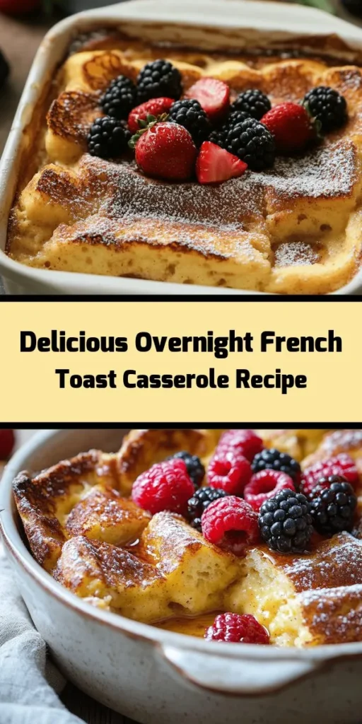 Get ready to indulge in the most delightful Overnight French Toast Casserole! This easy recipe features cubed challah or brioche bread soaked in a creamy custard of eggs, milk, and vanilla, with a sprinkle of cinnamon and nutmeg. Prepare it the night before, let it chill, and simply bake in the morning for a golden, fluffy breakfast. Serve it warm with maple syrup and fresh berries for a delicious start to your day. Perfect for brunch gatherings or cozy family breakfasts!