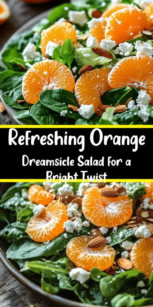 Discover the refreshing taste of this Orange Dreamsicle Salad! Perfect for any occasion, this vibrant dish combines mixed greens with juicy oranges and mandarin slices for a burst of flavor. Toss in crumbled feta and toasted almonds for an added crunch, and drizzle with a creamy yogurt dressing infused with honey and vanilla. This quick and easy recipe takes just 15 minutes to prepare and adds a delightful twist to your salad game!