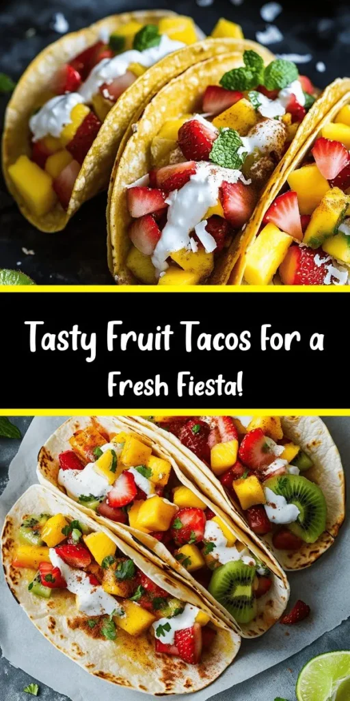 Brighten your day with these delightful Fruit Fiesta Tacos! Packed with fresh pineapple, mango, strawberries, and kiwi, these vibrant tacos are a delicious twist on a classic dish. Paired with a creamy Greek yogurt sauce sweetened with honey, they're perfect for a light snack or a fun dessert. Garnish with fresh mint and your choice of coconut or nuts for an extra crunch. Quick to prepare and bursting with flavor, these tacos are sure to be a hit!