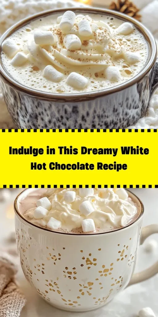 Indulge in the ultimate comfort drink with this dreamy white hot chocolate recipe! Made with creamy whole milk, rich heavy cream, and velvety white chocolate, this warm treat is perfect for cozy evenings. A hint of vanilla and sea salt elevate the flavors, while fluffy whipped cream and delightful toppings like white chocolate shavings or mini marshmallows make it irresistible. Ready in just 15 minutes, it's a must-try for chocolate lovers!