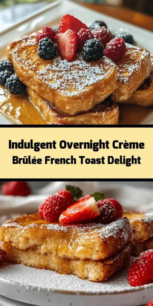 Indulge in a delightful twist on breakfast with this Overnight Crème Brûlée French Toast! Made with thick slices of brioche soaked in a rich custard of eggs, milk, and cream, it’s perfect for a cozy morning. Simply prepare the night before, refrigerate, and bake to golden perfection in the morning. Top with crunchy brown sugar and serve with fresh berries for a sweet finish. This crowd-pleaser is sure to impress!