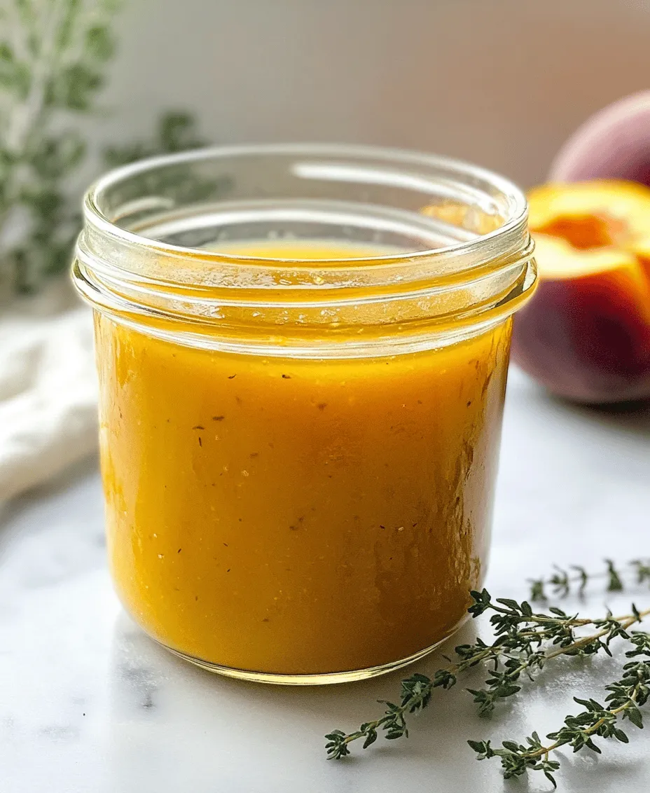 If you're looking for a vibrant and flavorful way to elevate your salads, look no further than this Peach Honey Dijon Balsamic Vinaigrette. This dressing is not just a condiment; it's a celebration of seasonal ingredients that brings a delightful sweetness and tanginess to your dishes. The combination of ripe peaches, rich honey, zesty Dijon mustard, and bold balsamic vinegar creates a dressing that is as versatile as it is delicious. Whether drizzled over fresh greens, roasted vegetables, or grilled chicken, this vinaigrette will surely become a staple in your culinary repertoire.