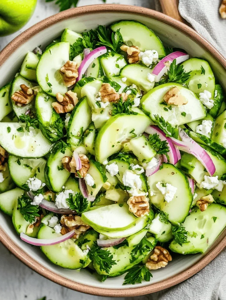 When it comes to vibrant and refreshing salads, the Crunchy Cucumber and Apple Salad stands out as a delightful option that can elevate any meal. This salad is not just a feast for the eyes with its colorful presentation, but it also tantalizes the taste buds with its fresh, crunchy, and slightly sweet flavors. The combination of crisp cucumbers, juicy apples, and crunchy walnuts creates a medley of textures that is both satisfying and refreshing. Whether served as a side dish to complement your main course or enjoyed as a light meal on its own, this salad is sure to impress your family and guests alike.