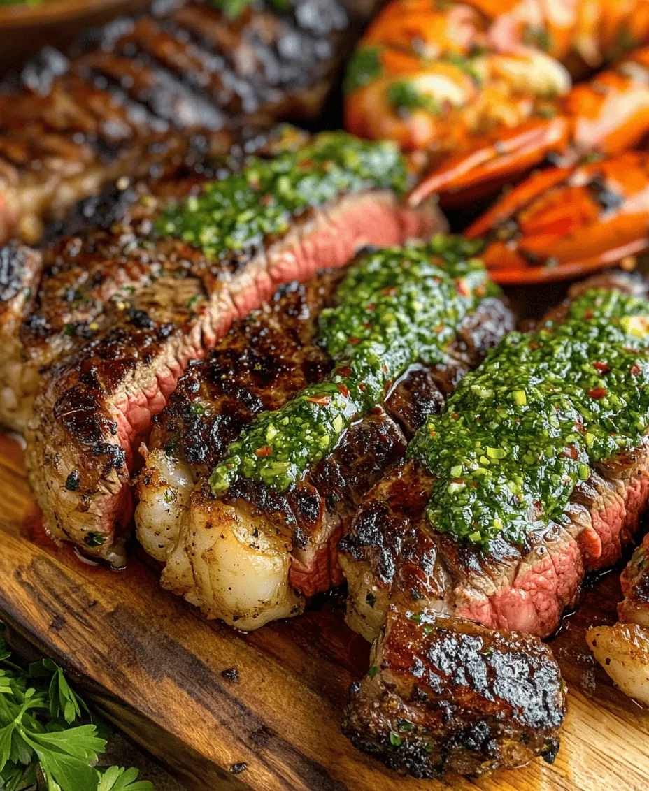 The culinary world is replete with dishes that evoke a sense of luxury and indulgence, but few can rival the opulence of surf and turf. This classic pairing of succulent ribeye steak and tender lobster tails brings together the best of both land and sea, creating a dining experience that tantalizes the taste buds and satisfies the soul. The interplay of rich, savory flavors and the delicate sweetness of seafood creates a harmonious balance that is both comforting and exciting. To elevate this already spectacular dish, a vibrant chimichurri sauce is introduced, adding a fresh, herbaceous punch that perfectly complements the grilled meats and seafood.