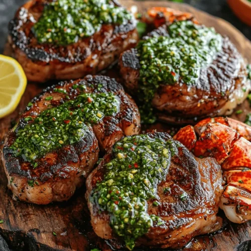 The culinary world is replete with dishes that evoke a sense of luxury and indulgence, but few can rival the opulence of surf and turf. This classic pairing of succulent ribeye steak and tender lobster tails brings together the best of both land and sea, creating a dining experience that tantalizes the taste buds and satisfies the soul. The interplay of rich, savory flavors and the delicate sweetness of seafood creates a harmonious balance that is both comforting and exciting. To elevate this already spectacular dish, a vibrant chimichurri sauce is introduced, adding a fresh, herbaceous punch that perfectly complements the grilled meats and seafood.