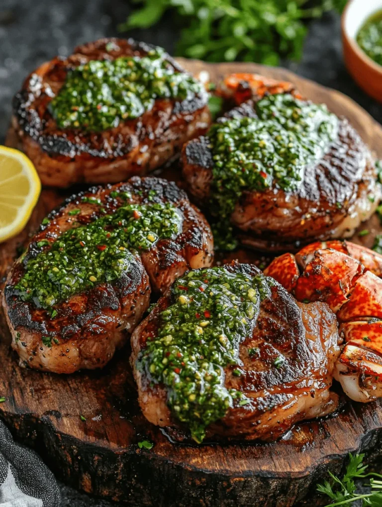 The culinary world is replete with dishes that evoke a sense of luxury and indulgence, but few can rival the opulence of surf and turf. This classic pairing of succulent ribeye steak and tender lobster tails brings together the best of both land and sea, creating a dining experience that tantalizes the taste buds and satisfies the soul. The interplay of rich, savory flavors and the delicate sweetness of seafood creates a harmonious balance that is both comforting and exciting. To elevate this already spectacular dish, a vibrant chimichurri sauce is introduced, adding a fresh, herbaceous punch that perfectly complements the grilled meats and seafood.