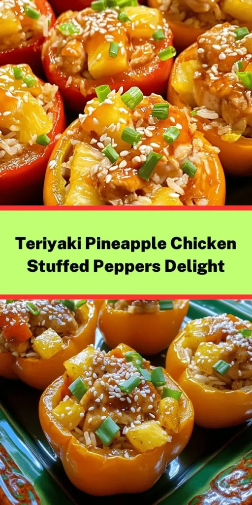 Looking for a delicious twist on dinner? Try these Teriyaki Pineapple Chicken & Rice Stuffed Peppers! These colorful bell peppers are filled with a tasty mix of juicy chicken, sweet pineapple, and fluffy jasmine rice, all drizzled in savory teriyaki sauce. Topped with melted mozzarella and garnished with sesame seeds, this dish is sure to impress. Quick to prepare and packed with flavor, it's a delightful meal the whole family will love. Enjoy your culinary adventure!