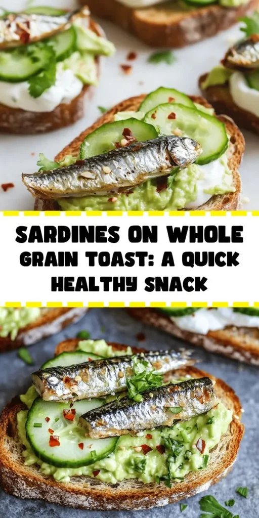 Elevate your snack game with this quick and delicious Sardines on Whole Grain Toast recipe! In just 10 minutes, you can create a nutritious meal topped with creamy avocado, savory sardines, crunchy cucumber, and a dollop of Greek yogurt. The hint of garlic and fresh lemon juice adds a zesty twist, while parsley or cilantro gives it a fresh touch. Perfect for a light lunch or satisfying snack, this dish is not only flavorful but also packed with healthy fats and protein. Enjoy the goodness!
