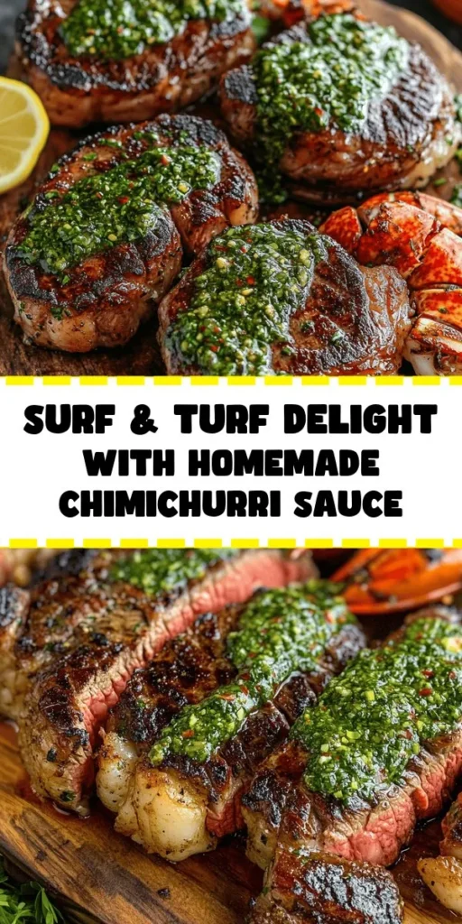 Elevate your dinner with this Surf & Turf Delight featuring succulent ribeye steaks and buttery lobster tails, all topped with vibrant chimichurri sauce. This beautiful dish comes together in just 40 minutes, making it perfect for a special occasion or a memorable weeknight meal. The bold flavors of the chimichurri elevate the tender steak and rich lobster, creating an unforgettable dining experience. Dive into this delicious recipe and impress your loved ones!