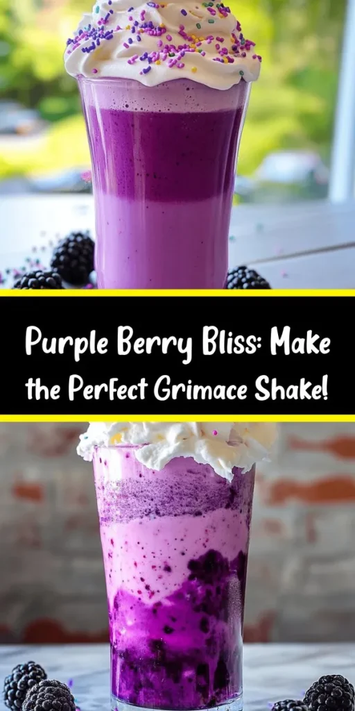 Whip up a delicious Grimace Shake Delight that's perfect for any sweet craving! This creamy shake features vanilla ice cream, milk, and a vibrant blackberry puree, topped with whipped cream and playful purple sprinkles. In just 10 minutes, you can enjoy this fun and colorful treat that's great for sharing or indulging alone. Perfect for parties or a special dessert, this shake is as tasty as it is beautiful. Give it a try and savor the flavor!