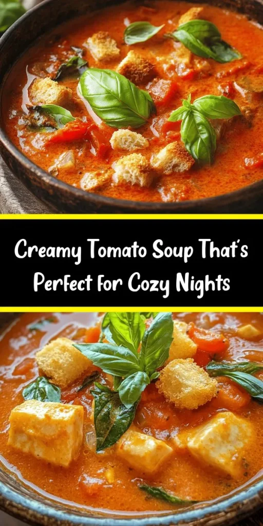 Warm up with this delicious creamy chunky tomato soup, perfect for chilly days! Packed with fresh vegetables like carrots and celery, fragrant garlic, and a hint of spice, this soup is both satisfying and easy to make. The addition of heavy cream or coconut cream gives it a rich, velvety texture. Serve it with fresh basil and croutons for an extra touch! Enjoy a comforting bowl that can be ready in just 45 minutes. A delightful meal for any occasion!