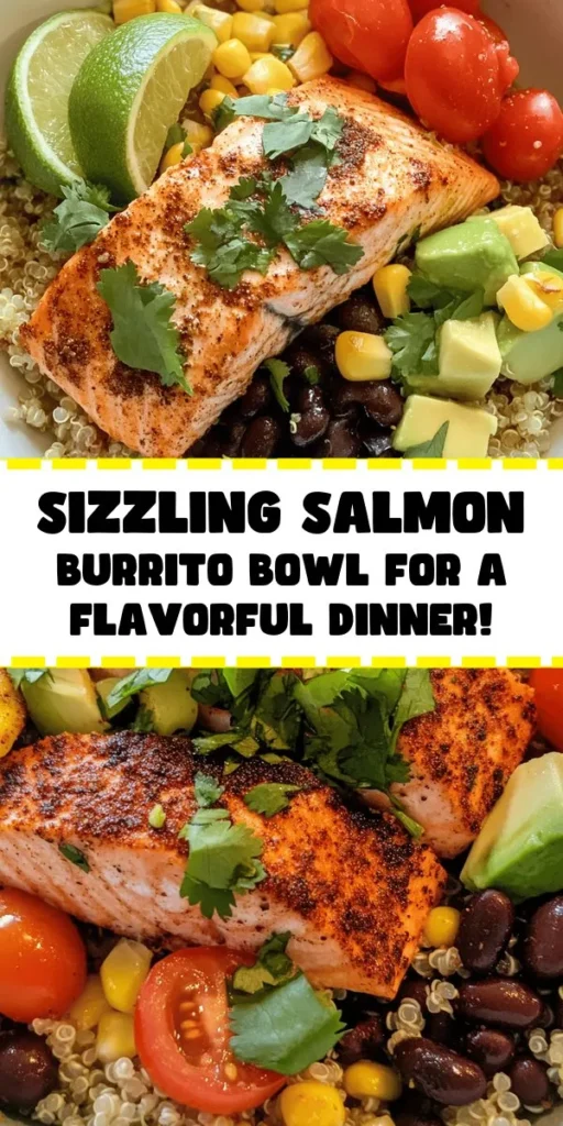 Dive into this vibrant Sizzling Salmon Burrito Bowl Delight! Packed with protein from fresh salmon and black beans, fluffy quinoa, and a burst of fresh flavors from avocado and cherry tomatoes, this dish is a wholesome meal. It's quick to prepare with just a few steps: cook quinoa, bake the salmon perfectly, and assemble with colorful toppings. Ideal for a nutritious lunch or dinner that the whole family will love. Garnish with cilantro and a squeeze of lime for the perfect finish!