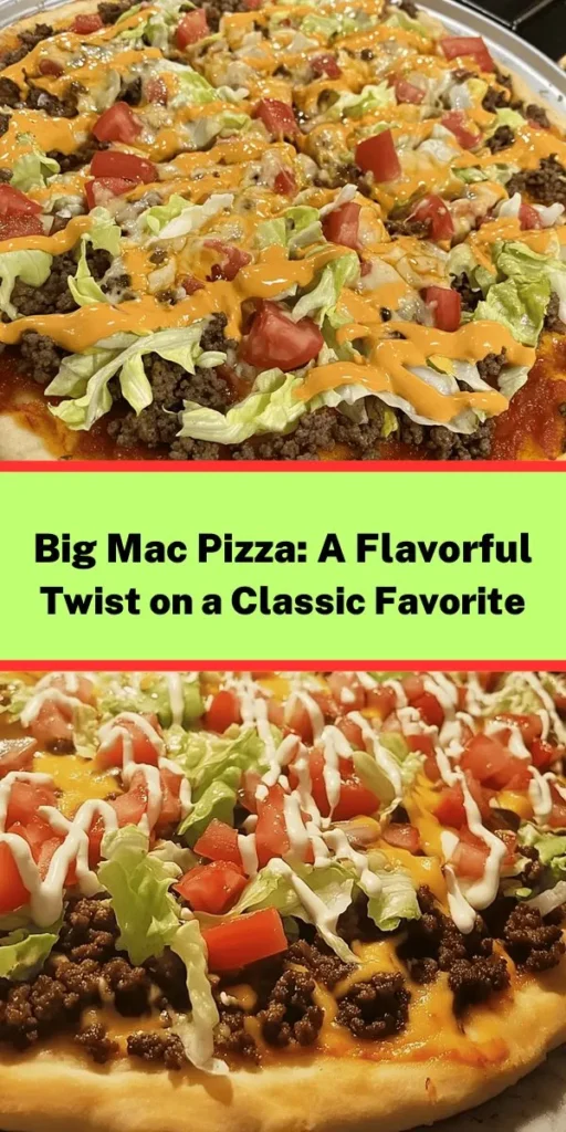 Satisfy your cravings with this delicious Big Mac Pizza! Perfect for burger lovers, this easy recipe combines all the classic flavors of a Big Mac into a fun pizza. With a crispy crust, flavorful beef, and a mix of cheeses, topped with fresh lettuce, tomatoes, and a special sauce, this pizza is a crowd-pleaser. Quick to prep and bake, it’s a great option for busy weeknights or game day gatherings. Try it out and enjoy a slice of this unique treat!
