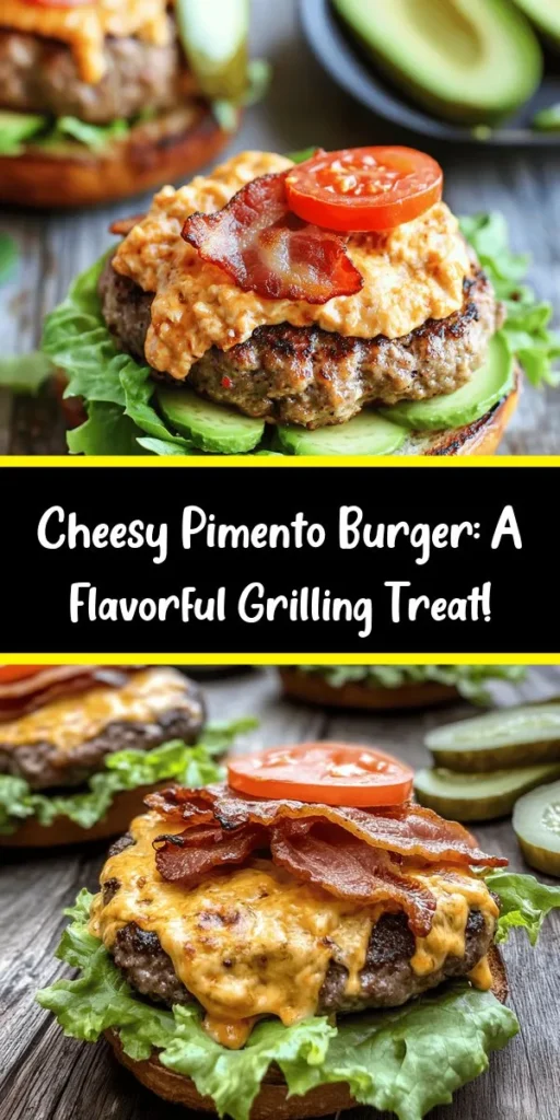Elevate your burger night with this Cheesy Pimento Burger Delight! Juicy beef patties flavored with garlic and onion powder are grilled to perfection and topped with melty pimento cheese. Add crispy bacon, creamy avocado, fresh lettuce, and juicy tomato on a toasted bun for an unforgettable flavor experience. Perfect for summer cookouts or cozy dinners, this recipe serves 4 and is ready in just 25 minutes. Don't forget to pair it with fries or a salad for a complete meal!
