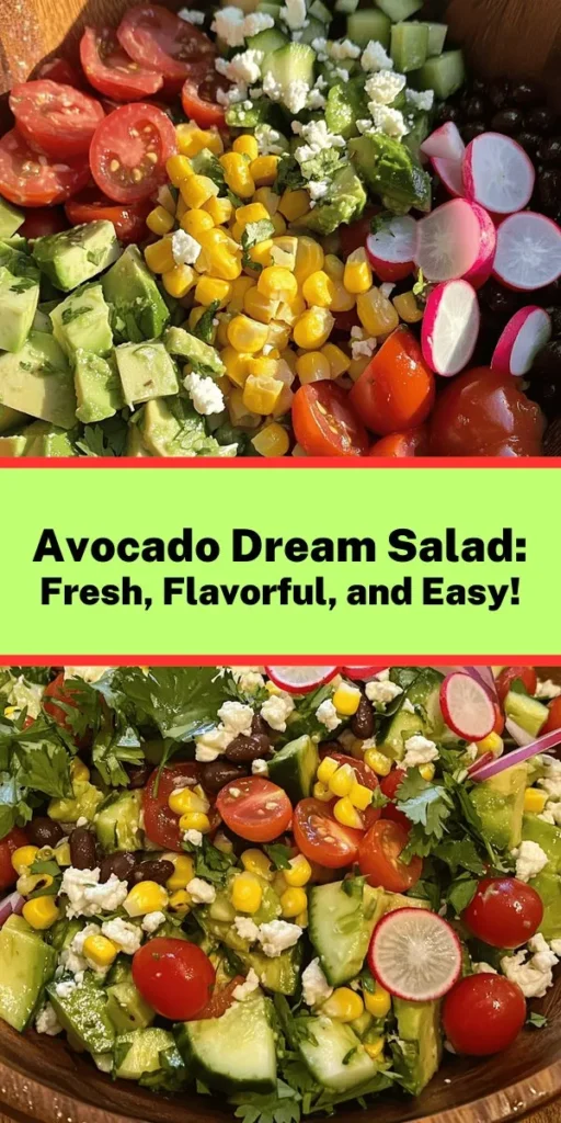 Indulge in this Avocado Lover's Dream Salad that's bursting with flavor and nutrients! Made with ripe avocados, cherry tomatoes, cucumber, red onion, corn, and black beans, this vibrant dish is perfect for a light lunch or a refreshing side. Toss everything with a zesty lime and cumin dressing, and finish with fresh cilantro, optional feta, and radish for a delightful crunch. Quick to prepare in just 15 minutes, it’s a guaranteed crowd-pleaser!