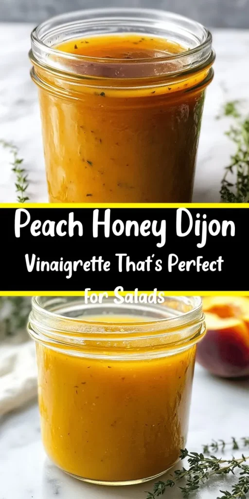 Elevate your salads with this delightful Peach Honey Dijon Balsamic Vinaigrette! Made with fresh peach, honey, and Dijon mustard, this dressing brings a sweet and tangy flavor to your meals. Just blend the ingredients, season to taste, and you’ll have a delicious vinaigrette ready in just 10 minutes. Perfect for fresh greens or drizzling over grilled veggies, this simple recipe is a must-try. Store in the fridge and enjoy all week!