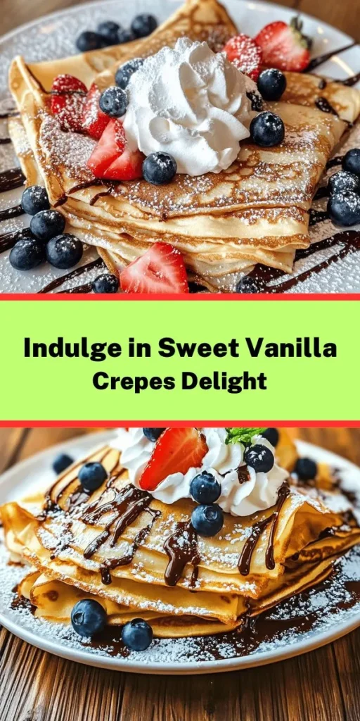 Indulge in the delightful sweetness of Sweet Vanilla Dreams Crepes! With just a few simple ingredients like flour, eggs, and milk, you can create these light and fluffy treats in no time. Perfect for breakfast or dessert, these crepes are incredibly versatile—top them with whipped cream, fresh fruits, or drizzles of chocolate sauce for an extra special touch. Follow the easy steps to make 8-10 crepes that will impress your family and friends!