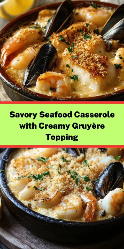 Indulge in this Gourmet Seafood Cassolette, a delightful dish packed with shrimp, scallops, and mussels, all brought together in a creamy, savory sauce. With fresh vegetables, Dijon mustard, and smoked paprika, every bite is a burst of flavor. Topped with Gruyère cheese and crispy breadcrumbs, it’s baked to perfection. Perfect for a cozy dinner or impressing guests! Serve with lemon wedges for a zesty finish. Enjoy a taste of the sea!