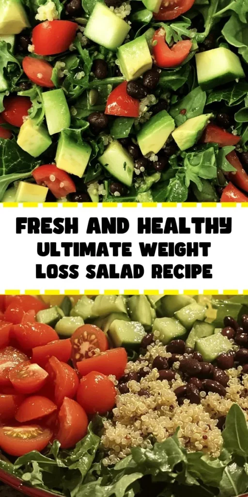 Discover the Ultimate Weight Loss Salad, packed with vibrant flavors and nutritious ingredients! This colorful mix of leafy greens, cherry tomatoes, cucumber, and bell pepper is topped with creamy avocado and protein-rich quinoa and black beans. Drizzled with a zesty lemon and cumin dressing, it’s not just healthy but also satisfying. Perfect for a quick lunch or dinner, this salad is refreshing and easy to make. Enjoy a bowl of goodness today!