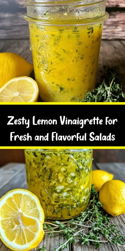 Brighten up your salads with this Zesty Lemon Vinaigrette Delight! In just 10 minutes, whip up a fresh and tangy dressing using simple ingredients like lemon juice, olive oil, Dijon mustard, and a hint of honey. Optional fresh herbs like parsley or basil add an extra burst of flavor. Perfect for drizzling over greens, veggies, or even as a marinade. This delightful vinaigrette is a must-try for any health-conscious foodie!
