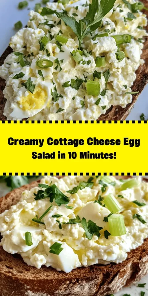 Try this Creamy Cottage Cheese Delight for a quick and nutritious meal! Packed with protein from cottage cheese and hard-boiled eggs, this dish comes together in just 10 minutes. Combined with Greek yogurt, crunchy celery, and zesty Dijon mustard, it’s incredibly flavorful. Serve it on whole grain bread or fresh lettuce for a healthy twist. Perfect for lunch or a snack, and you can even dress it up with fresh herbs. Enjoy a delicious and satisfying treat!