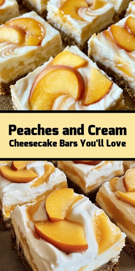 Indulge in the taste of summer with these Peaches and Cream Cheesecake Bars! Made with a buttery graham cracker crust, a creamy cheesecake filling, and fresh peaches, this dessert is a perfect balance of flavors. The vibrant peaches add a sweet burst in every bite, while the whipped cream topping makes it irresistible. Ideal for gatherings or a sweet treat at home, this recipe is easy to make and destined to impress! Enjoy your homemade bliss!