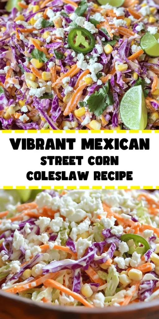 Elevate your summer gatherings with this refreshing Mexican Street Corn Coleslaw! This vibrant dish combines shredded cabbage, carrots, sweet corn, and a touch of spicy jalapeño, all tossed in a creamy, tangy dressing made with lime and smoky spices. Finished with crumbled feta or cotija cheese, it's the perfect side for barbecues, picnics, or taco night. Quick to prepare and bursting with flavor, this coleslaw is sure to impress! Enjoy chilled and bring a taste of Mexico to your table!