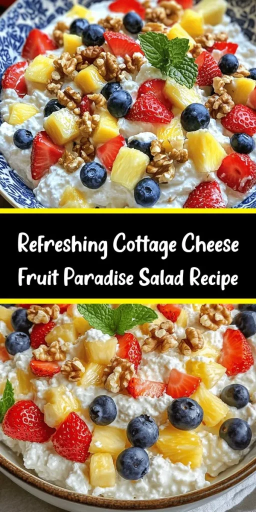 Brighten your day with this Cottage Cheese & Fruit Paradise Salad! Bursting with flavor and nutrition, this easy recipe features creamy cottage cheese, fresh strawberries, juicy pineapple, and blueberries, all drizzled with honey or maple syrup. Add a sprinkle of cinnamon and some crunchy walnuts for the perfect texture. Ideal as a refreshing snack or sweet dessert, this salad is a delicious way to enjoy your fruits in a wholesome treat. Enjoy the paradise!