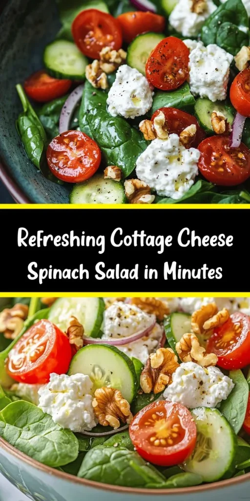 Whip up a refreshing Cottage Cheese and Spinach Salad in just 10 minutes! Packed with fresh spinach, cherry tomatoes, crunchy cucumbers, and walnuts, this salad is both nutritious and delicious. The creamy cottage cheese adds richness, while a simple dressing of olive oil, apple cider vinegar, and honey ties it all together. Perfect as a light lunch or a side dish, it's easy to customize with your favorite nuts or herbs. Healthy eating has never been so tasty!