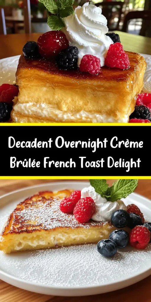 Indulge in a delightful breakfast with this Overnight Crème Brûlée French Toast! Made with thick slices of buttery brioche, it's soaked overnight in a rich custard mixture of eggs, cream, and sugar. The next morning, simply bake until golden, then caramelize the top for that signature crispy finish. Serve warm with fresh berries and whipped cream for an extra touch of decadence. Perfect for a cozy brunch or special occasion!