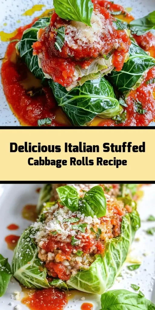 Indulge in a delicious Italian tradition with these flavorful stuffed cabbage rolls! Packed with savory Italian sausage, creamy rice, and topped with marinara sauce, this dish is perfect for a cozy dinner. With fresh parsley and a hint of garlic, each bite is bursting with flavor. Easy to assemble and bake, these rolls make for a satisfying meal that will impress family and friends. Don't forget to garnish with fresh basil for that perfect finishing touch!