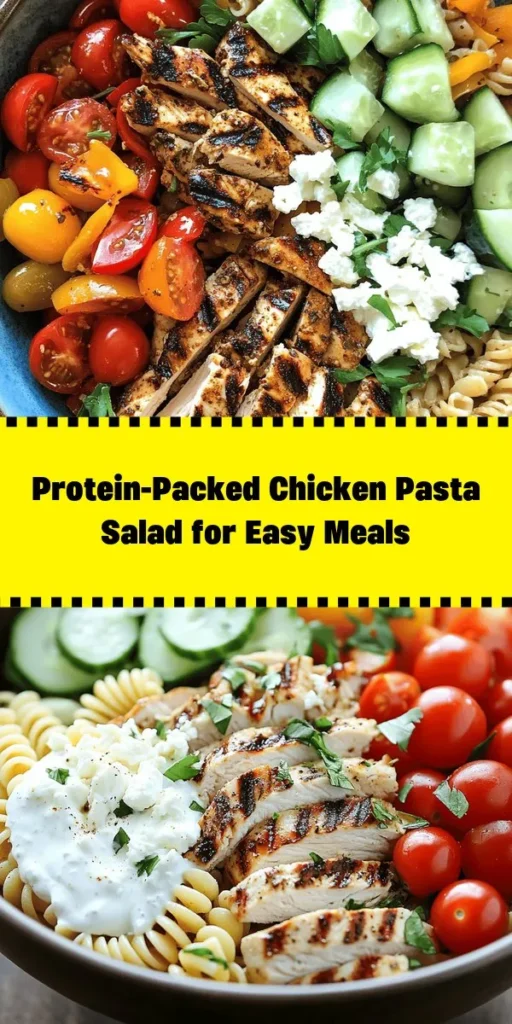 Looking for a healthy, protein-packed meal that's perfect for lunch or dinner? Try this High Protein Chicken Pasta Salad! Made with whole grain pasta, grilled chicken, fresh veggies, and a creamy Greek yogurt dressing, it's not just nutritious but also bursting with flavor. With a prep time of just 15 minutes, you can whip up this delightful dish in no time. Great for meal prep or a quick weeknight dinner. Enjoy the tasty goodness!