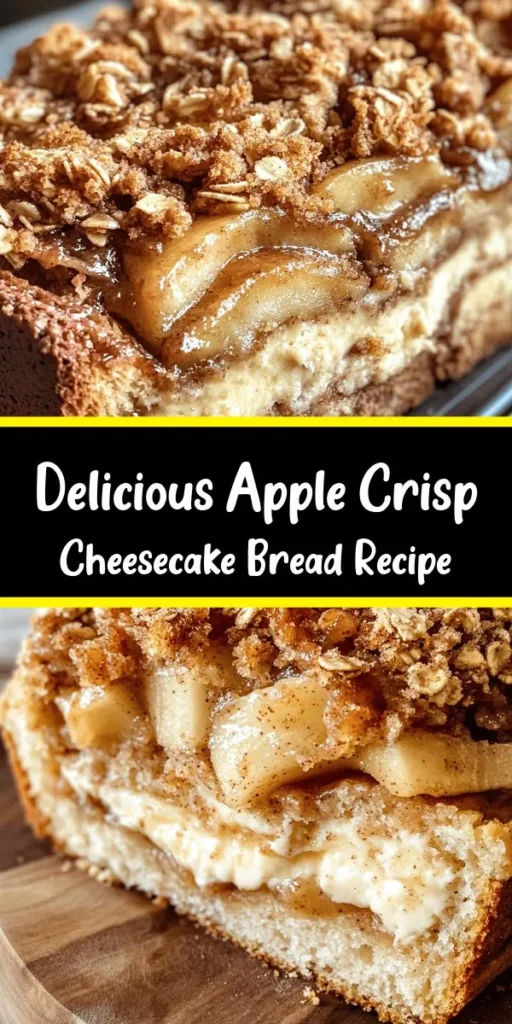 Dive into the delicious layers of Apple Crisp Cheesecake Bread! This delectable treat features a tender bread base, a creamy cheesecake layer, and a spiced apple filling, all topped with a crunchy oatmeal crumble. Perfect for dessert or a cozy brunch, this recipe is easy to follow and yields 10 delightful servings. Enjoy it warm or at room temperature, and maybe even add a scoop of vanilla ice cream for an extra special touch!