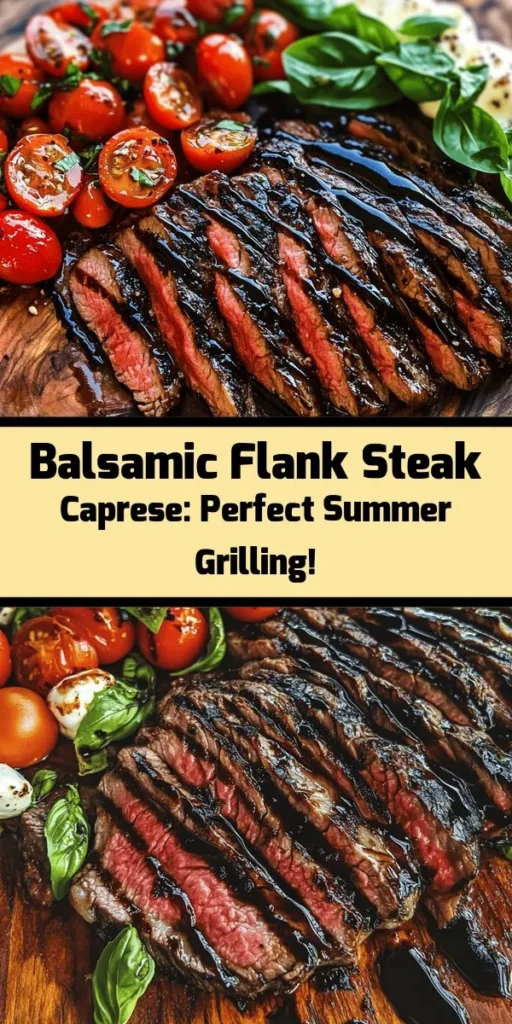 Fire up your grill for this delicious Grilled Balsamic Flank Steak Caprese! Marinated in a tangy balsamic mix, this flank steak is grilled to perfection and served with a fresh Caprese salad of cherry tomatoes, mozzarella, and basil. Topped with a drizzle of balsamic glaze, this dish is perfect for gatherings or a cozy dinner. Ready in just an hour, it's a delightful combination of flavors that everyone will love. Enjoy warm with crusty bread or over arugula!