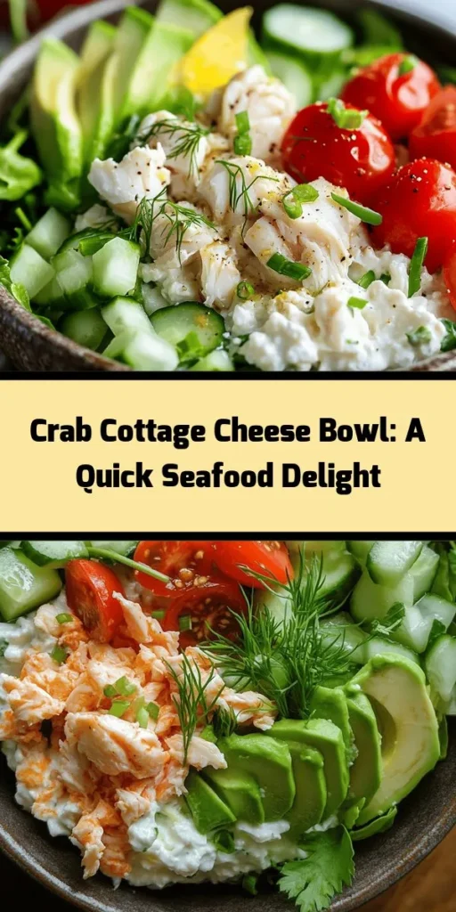 Elevate your lunch game with this Crab Cottage Cheese Bowl Delight! This refreshing dish combines creamy cottage cheese with succulent lump crab meat, creamy avocado, and vibrant veggies like cherry tomatoes and cucumber. Tossed with a zesty lemon-Dijon dressing, it’s a nutritious meal ready in just 10 minutes. Perfect on its own or served over mixed greens, this bowl is sure to satisfy your cravings while keeping it light and delicious. Try it today!