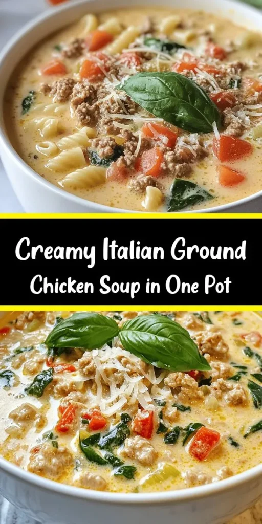 Warm up with this delicious One Pot Creamy Italian Ground Chicken Soup! This comforting dish combines tender ground chicken, vibrant veggies, and small pasta in a rich, creamy broth. Made in just one pot, it's perfect for busy weeknights or cozy weekends. With fresh spinach and a sprinkle of Parmesan, each bowl is bursting with flavor. Simple to make, and even easier to love, this soup is sure to become a family favorite. Give it a try tonight!