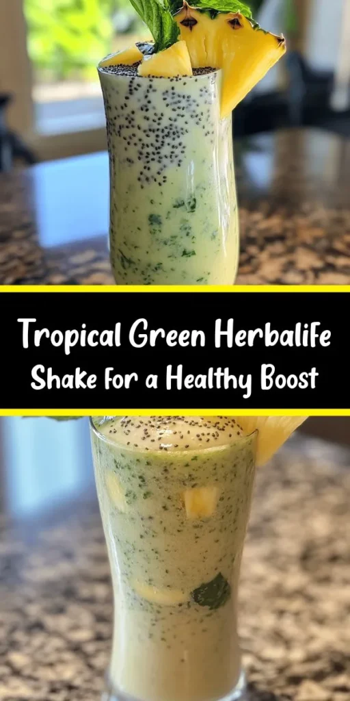 Elevate your mornings with this refreshing Tropical Green Herbalife Shake! Packed with nutrients, it's made with Herbalife Formula 1 Vanilla Shake Mix, fresh spinach, sweet pineapple, and creamy banana, all blended together with coconut water and chia seeds. In just 10 minutes, you can whip up this energizing shake that’s perfect for breakfast or a post-workout treat. Customize it with honey for extra sweetness and enjoy a healthy boost that tastes like a vacation in a glass!
