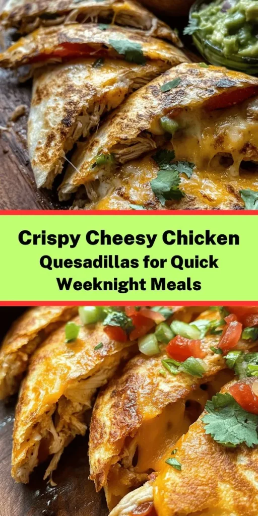 Indulge in these Crispy Cheesy Chicken Quesadillas that are perfect for a quick meal or a tasty snack! With a delicious filling of shredded chicken, cream cheese, and melty cheese, mixed with vibrant bell pepper and green onions, these quesadillas are bursting with flavor. Cooked to golden perfection, they are easy to make and customizable with your favorite toppings like salsa, sour cream, or guacamole. Ideal for any occasion, they'll be a hit with the whole family!
