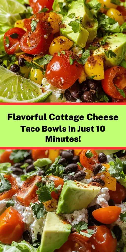 Discover the deliciousness of this Easy Cottage Cheese Taco Bowl! Packed with protein from cottage cheese and black beans, this colorful dish features fresh veggies like cherry tomatoes, avocado, and bell pepper. It's quick to make in just 10 minutes, perfect for lunch or a light dinner. Top with shredded lettuce, lime wedges, and a sprinkle of taco seasoning for a burst of flavor. Healthy, satisfying, and oh-so-easy! Enjoy this flavorful bowl today!