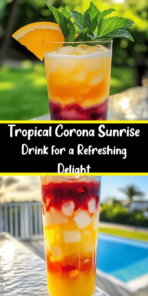 Brighten your day with this refreshing Corona Sunrise cocktail! Perfect for sipping by the pool or at brunch, this vibrant drink combines fresh orange juice, coconut water, and pineapple juice for a tropical flair. The layered effect of grenadine syrup creates a stunning sunrise look, while garnishes of pineapple, orange, and mint add the finishing touch. Ready in just 10 minutes, this cocktail is sure to impress. Cheers to sunshine in a glass!