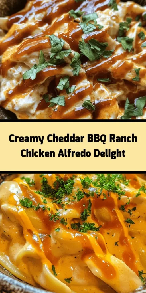 Dive into the creamy, dreamy goodness of Creamy Cheddar BBQ Ranch Chicken Alfredo! This easy pasta recipe combines tender chicken, fettuccine, and a flavorful sauce made with cheddar cheese, BBQ sauce, and ranch dressing. In just 30 minutes, you can whip up a comforting dish that serves four. Perfect for weeknight dinners or impressing guests, this dish is sure to become a family favorite! Don't forget to garnish with fresh parsley for that extra touch. Enjoy!