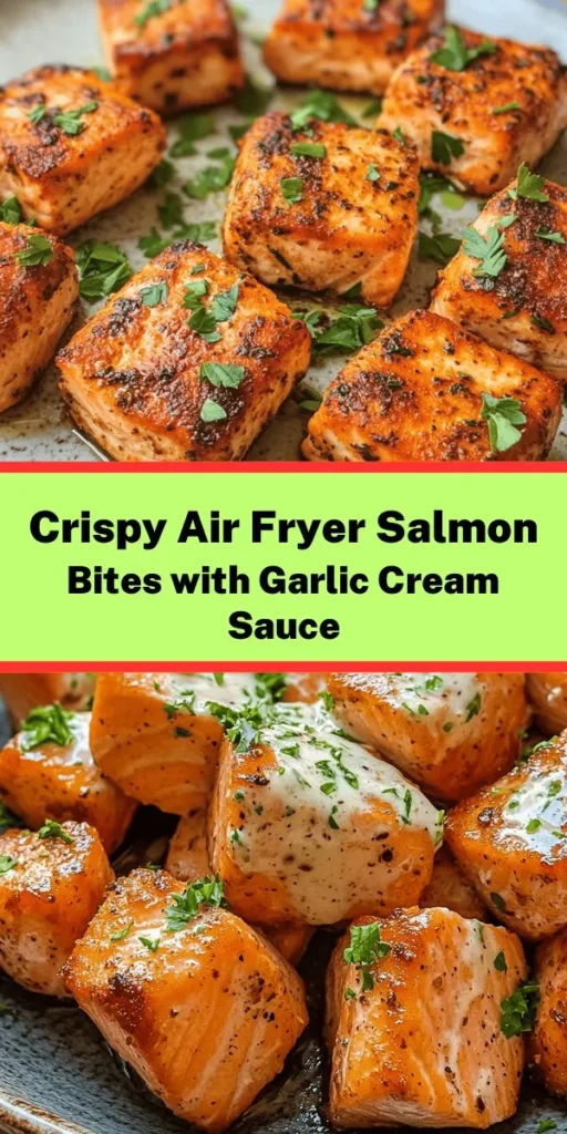 Discover the perfect weeknight dinner with these Air Fryer Salmon Bites drizzled in a creamy garlic sauce! This easy recipe combines tender salmon cubes coated in olive oil, garlic powder, and smoked paprika, then cooked to crispy perfection in the air fryer. Paired with a rich garlic cream sauce, it's a flavorful dish that's ready in just 25 minutes. Perfect for impressing guests or treating yourself to a delicious meal. Try it tonight!