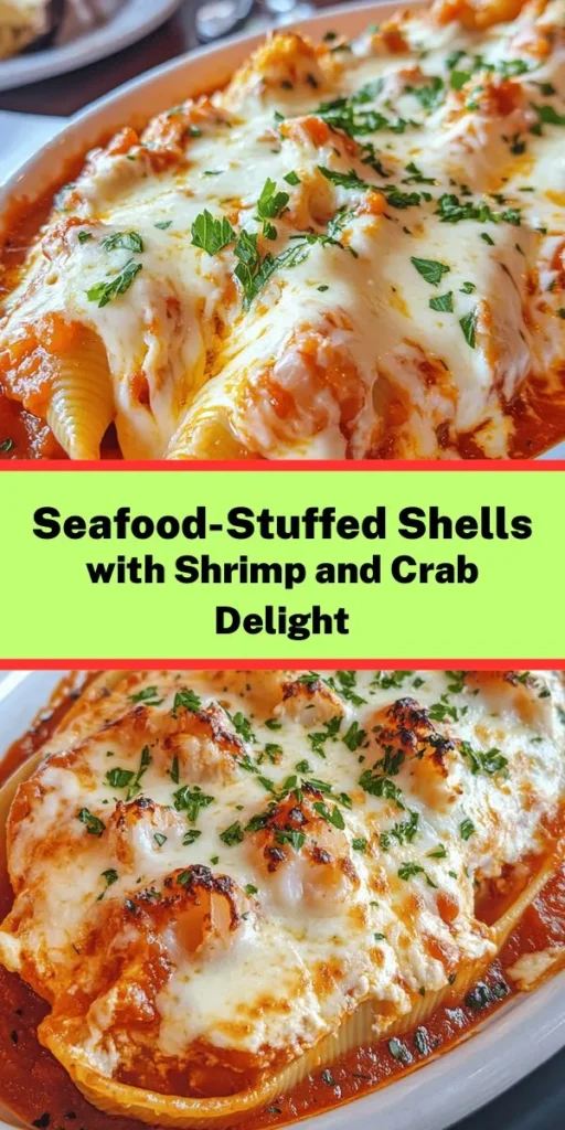 Dive into a delicious seafood feast with these Ocean's Bounty Stuffed Shells! Perfectly cooked pasta shells are filled with a creamy mixture of ricotta, shrimp, and crab, then topped with marinara sauce and gooey mozzarella cheese. This crowd-pleasing dish is easy to prepare and makes for a fantastic dinner. With just 55 minutes of total time, you'll impress friends and family with this delectable meal. Don't forget to add a sprinkle of parsley before serving!