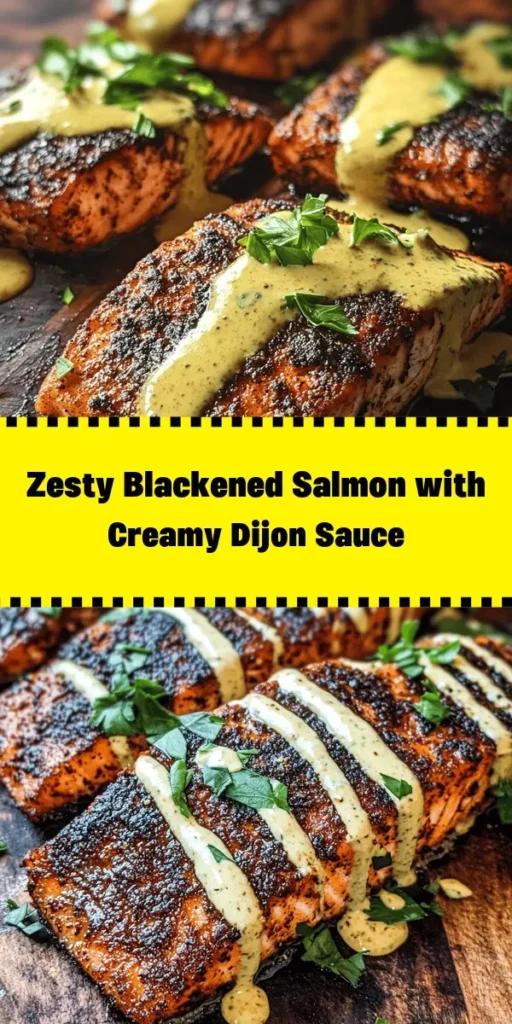 Elevate your dinner with this delicious Blackened Salmon with Creamy Dijon Sauce! This quick and flavorful recipe features perfectly seasoned salmon fillets, cooked to crispy perfection, and topped with a rich, creamy sauce bursting with tangy Dijon and fresh lemon. Perfect for a weeknight meal or dinner party, this dish is sure to impress. Minimal prep time and maximum flavor make it a go-to for seafood lovers. Serve it up and enjoy the compliments!