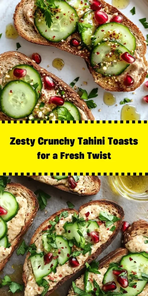 Discover the ultimate Crunchy Tahini Toasts with a zesty twist! This quick and easy recipe combines whole-grain bread topped with a creamy tahini spread, a hint of lemon, and a touch of honey or maple syrup. Add fresh cucumber slices and vibrant pomegranate seeds for a delightful crunch. Garnish with parsley or mint and a drizzle of olive oil for a burst of flavor. Perfect for a snack, appetizer, or light meal. Enjoy this delicious blend of textures and tastes!
