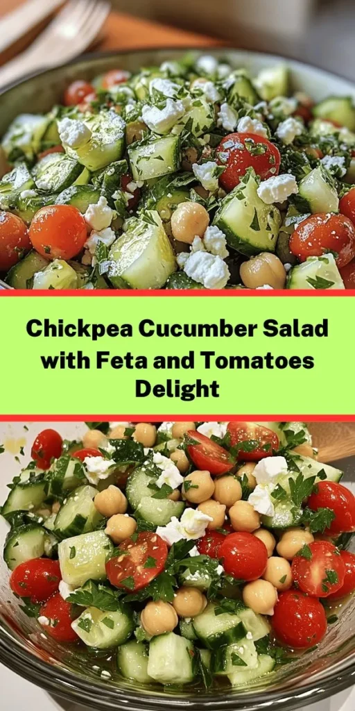 Brighten up your meals with this Refreshing Chickpea Cucumber Salad featuring feta and tomatoes! This quick, nutritious dish comes together in just 10 minutes. Combine rinsed chickpeas, crisp cucumber, juicy cherry tomatoes, and tangy feta, then drizzle with a zesty olive oil and red wine vinegar dressing. Perfect as a side or a light lunch, this salad is packed with flavor and makes for a great summer dish. Serve it chilled for a refreshing bite!