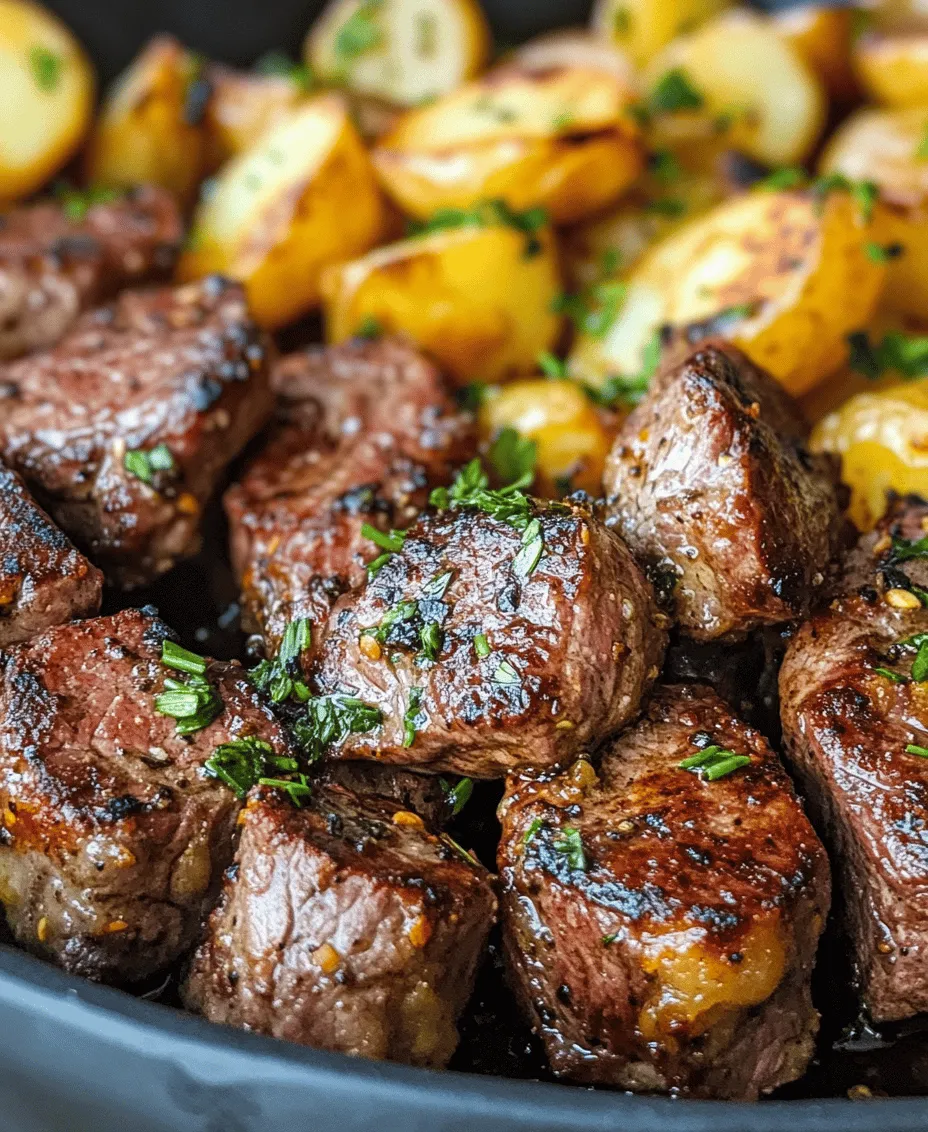 Imagine serving a dish that not only tantalizes the taste buds but also dazzles guests with its presentation. The succulent steak bites, seared to perfection, glisten with a rich garlic butter sauce while the crispy potatoes offer the perfect contrast in texture. This dish is a celebration of flavors and culinary techniques that promise to impress anyone fortunate enough to partake. Whether you're aiming to please a crowd or simply treating yourself to a gourmet-style dinner at home, this recipe delivers on taste, ease of preparation, and aesthetic appeal.