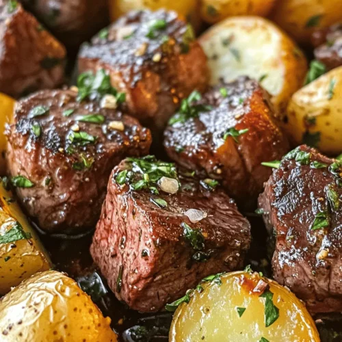 Imagine serving a dish that not only tantalizes the taste buds but also dazzles guests with its presentation. The succulent steak bites, seared to perfection, glisten with a rich garlic butter sauce while the crispy potatoes offer the perfect contrast in texture. This dish is a celebration of flavors and culinary techniques that promise to impress anyone fortunate enough to partake. Whether you're aiming to please a crowd or simply treating yourself to a gourmet-style dinner at home, this recipe delivers on taste, ease of preparation, and aesthetic appeal.