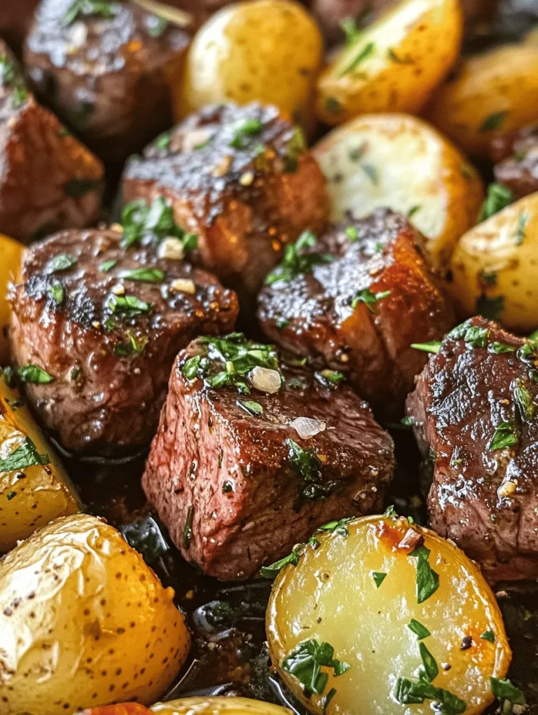 Imagine serving a dish that not only tantalizes the taste buds but also dazzles guests with its presentation. The succulent steak bites, seared to perfection, glisten with a rich garlic butter sauce while the crispy potatoes offer the perfect contrast in texture. This dish is a celebration of flavors and culinary techniques that promise to impress anyone fortunate enough to partake. Whether you're aiming to please a crowd or simply treating yourself to a gourmet-style dinner at home, this recipe delivers on taste, ease of preparation, and aesthetic appeal.